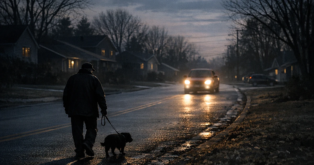 Silhouetted elderly person walking dog on suburban street as vehicle headlights approach in the distance