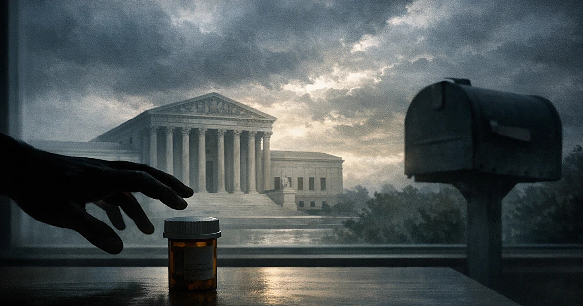 Silhouetted hand reaching for pill bottle with courthouse visible through window and mailbox in shadow