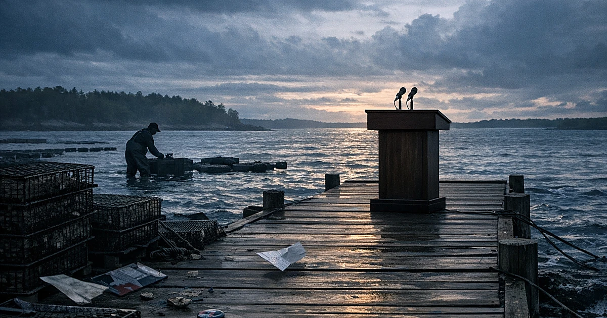 Empty campaign podium on Maine dock with oyster farming equipment and distant worker silhouette in coastal waters