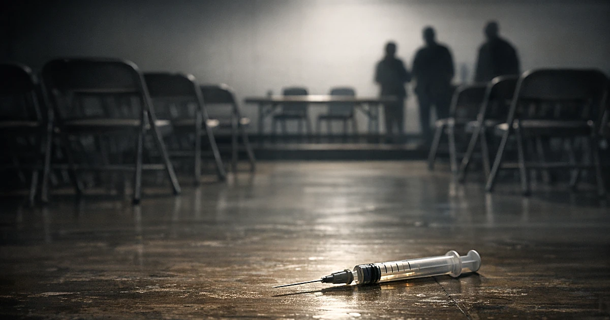 Empty meeting room with folding chairs and a syringe on the floor under harsh lighting
