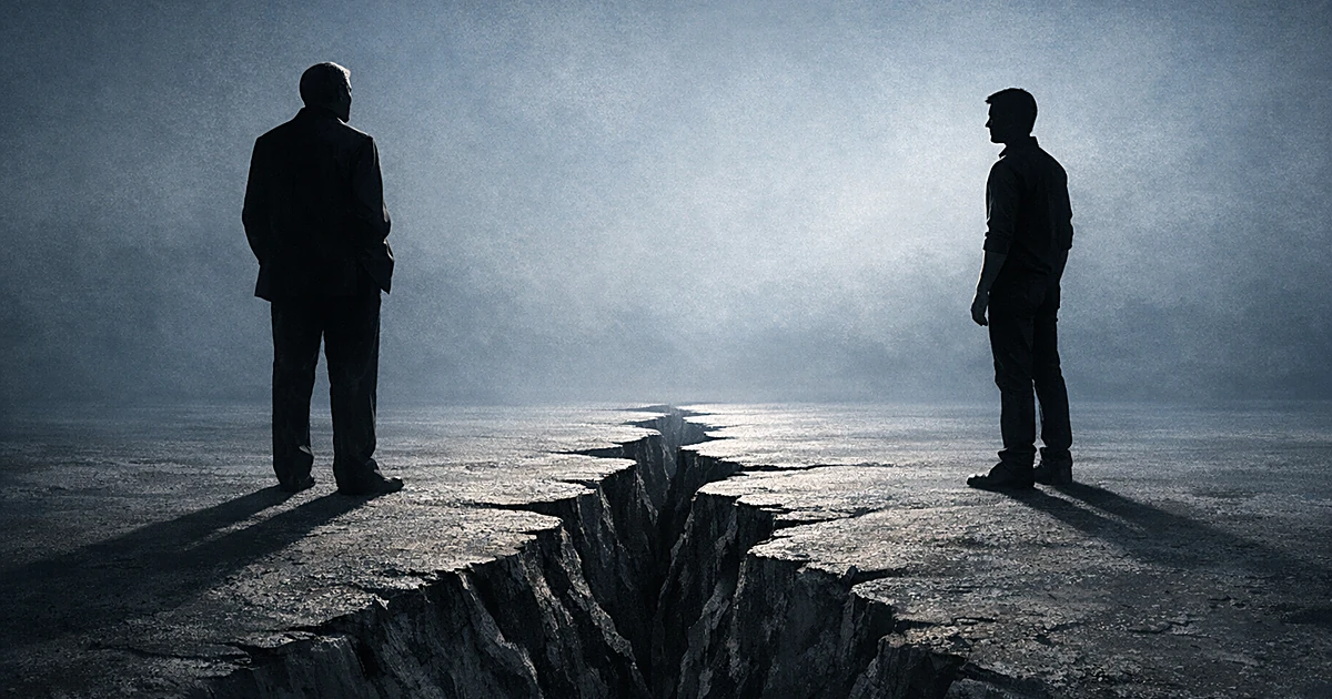 Two silhouettes separated by a narrowing crack in ground, representing closing political gap and generational divide