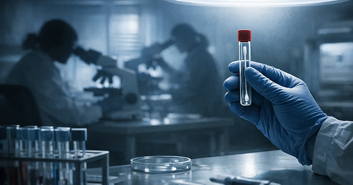 Forensic lab with gloved hand holding DNA sample vial under examination light, lab technicians silhouetted in background
