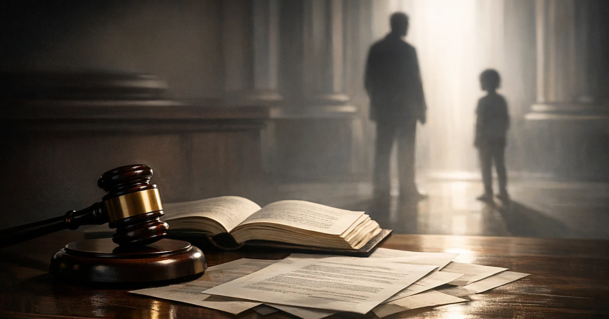 Judge's gavel and law books on bench with silhouettes of adult and child separated by window light in background