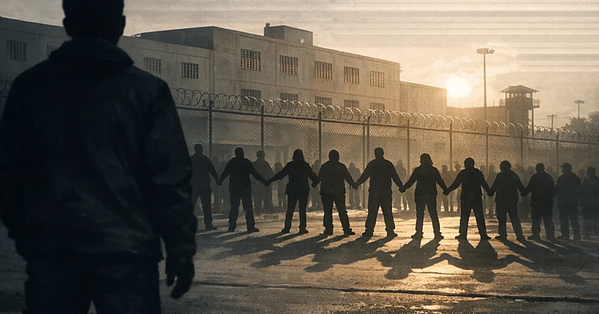 Silhouetted figures form human chain around institutional building with security fencing at dusk