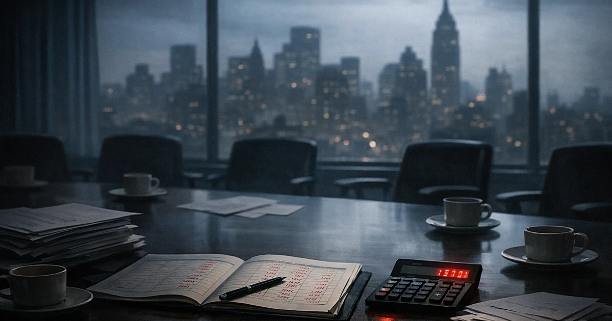 Empty conference room with budget documents and calculator showing deficit numbers, dark city skyline visible through window