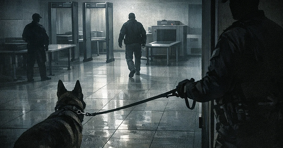 Police dog on leash in security screening room viewed from surveillance camera angle with handler silhouette