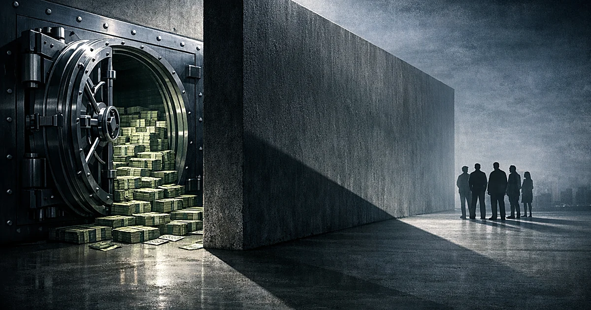 Open vault with money blocked by barrier wall casting shadow over distant silhouetted figures waiting beyond