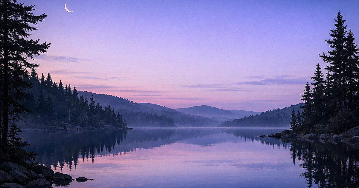 Peaceful twilight landscape with calm lake and silhouetted trees under soft purple and blue sky
