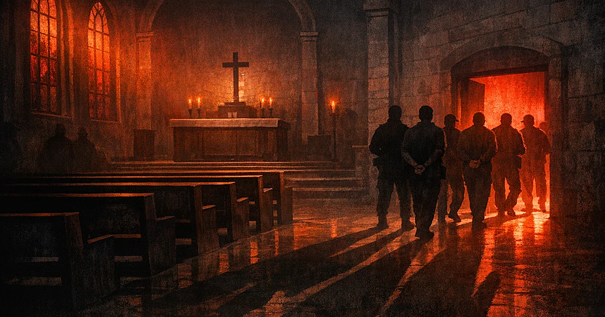 Dark church interior with ominous shadows and silhouettes of people being led away, lit by harsh red light