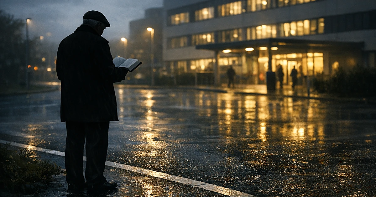 Silhouette of elderly person holding book standing on roadside near hospital building perimeter at dusk