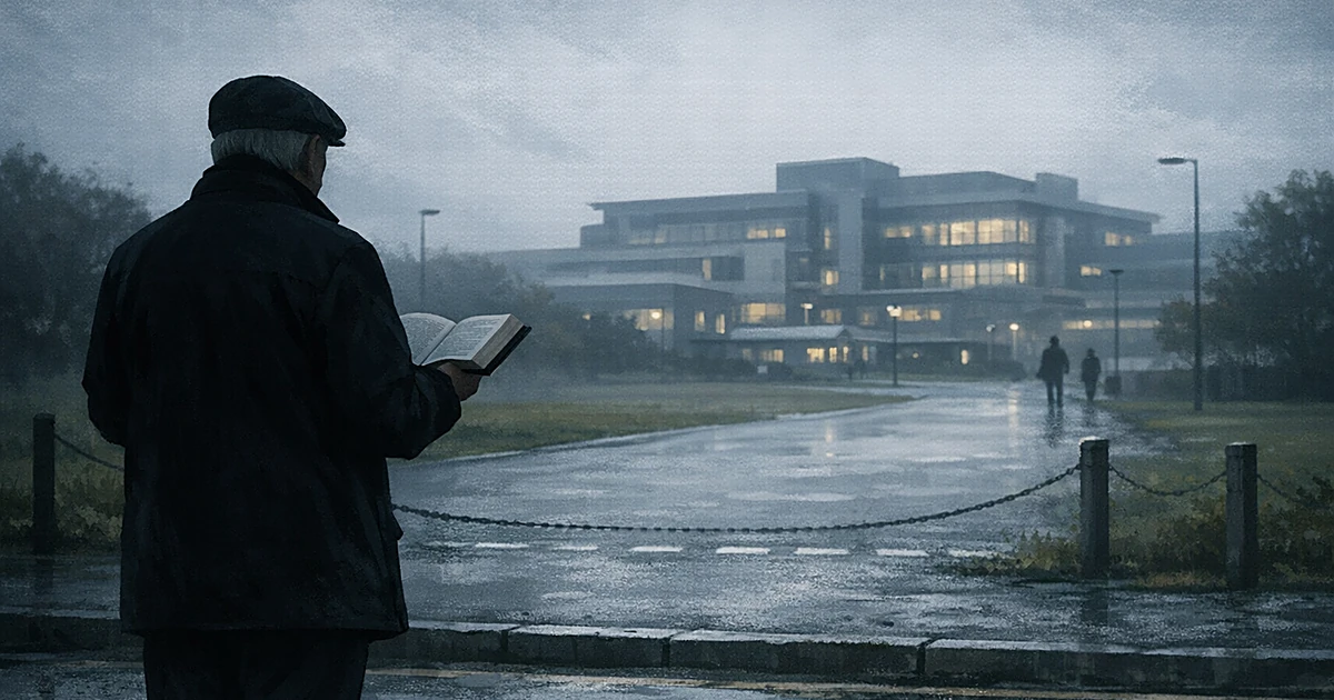 Silhouetted figure holding book on sidewalk with hospital building in background, separated by marked boundary zone