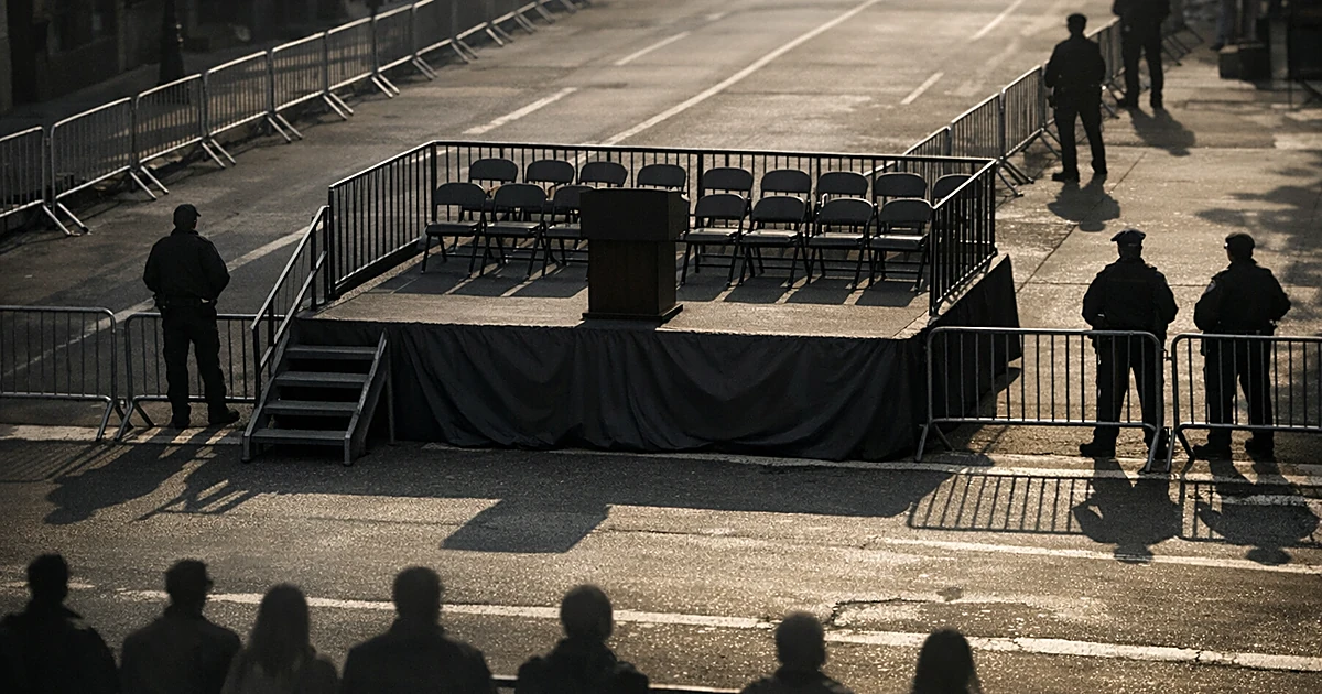 Empty elevated platform with metal barricades along city street, silhouettes of people in background
