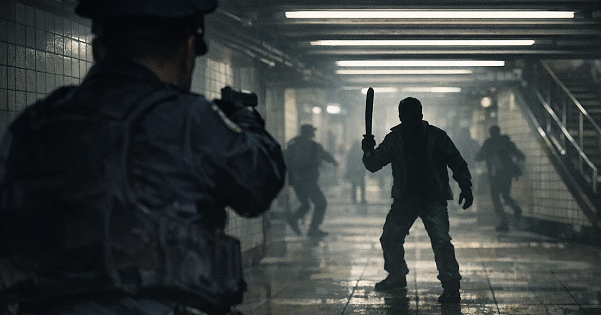 Silhouetted police officer confronting armed figure in subway station corridor with fluorescent lighting overhead