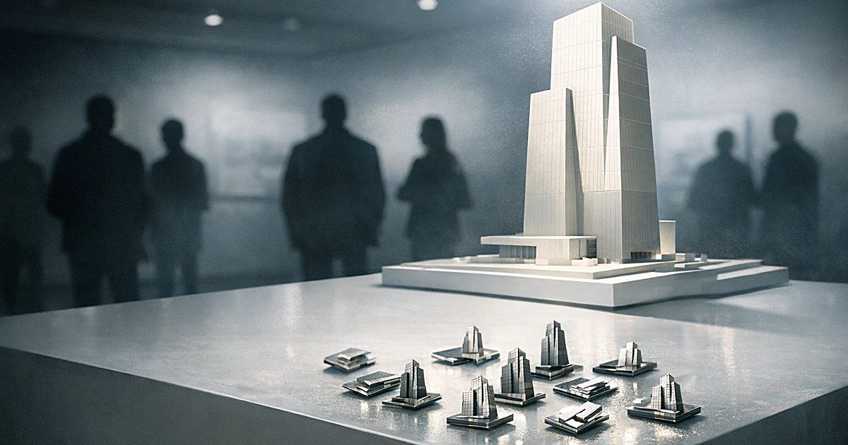 Architectural tower model on pedestal with small building-shaped pins scattered at base, silhouetted viewers in background