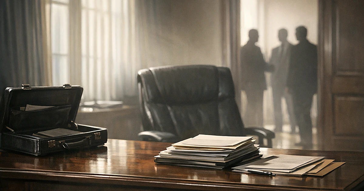 Empty government office desk with open briefcase and documents, silhouettes visible in distant doorway