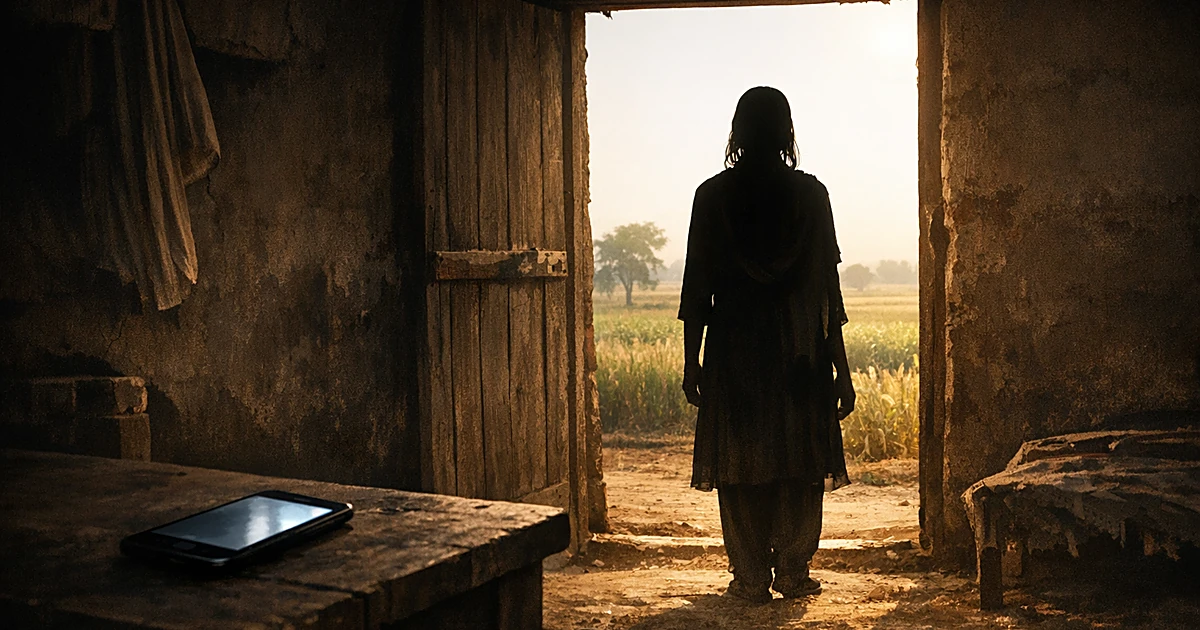 Silhouette of young woman in doorway with mobile phone on table and rural fields beyond in harsh sunlight