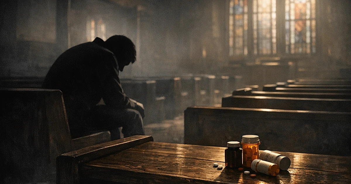 Silhouetted figure sitting alone on church pew with pill bottles, head bowed in grief in empty sanctuary
