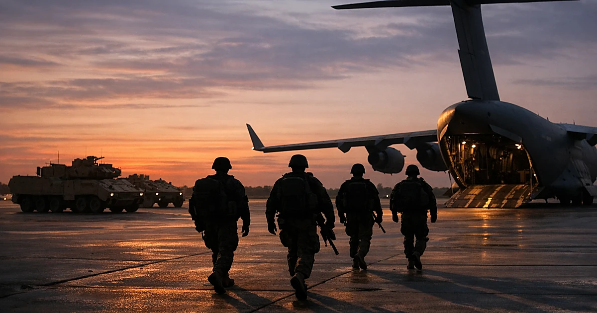 Silhouetted soldiers walking away from military transport plane on airfield at dusk with empty vehicles nearby