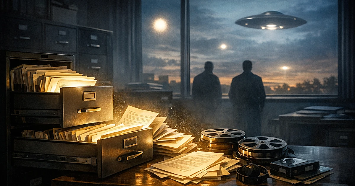 Open filing cabinets with glowing documents in dark office, mysterious bright objects visible in sky through window
