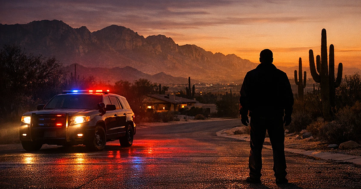 Silhouetted figure in desert foothills neighborhood with sheriff's vehicle parked on empty street at dusk