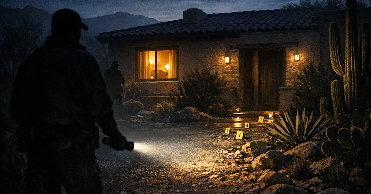 Silhouetted investigator with flashlight examining a suburban home at night with evidence markers on the ground