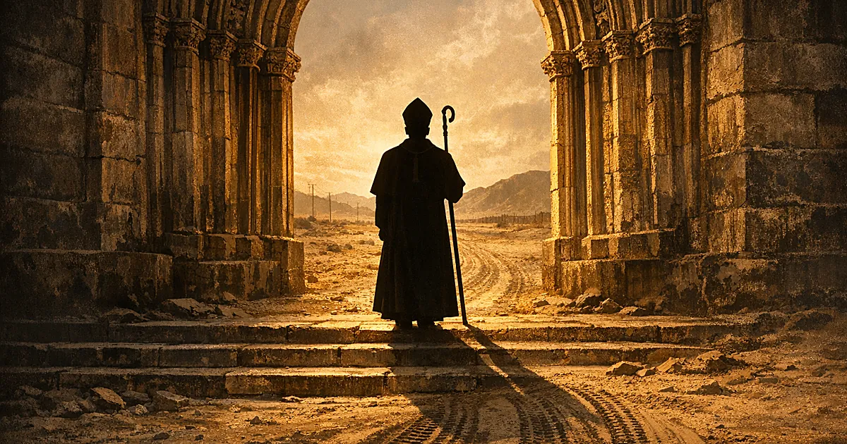 Silhouetted clergy figure in cathedral doorway with desert landscape and tire tracks in foreground