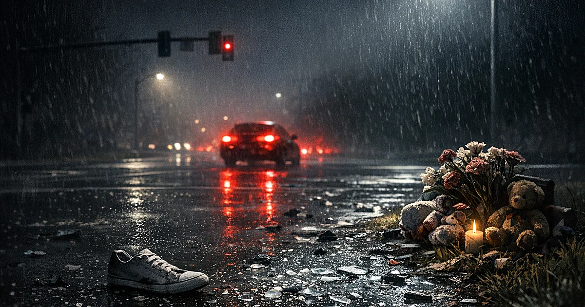 Dark highway crash site at night with memorial flowers, debris, and distant taillights fading into darkness
