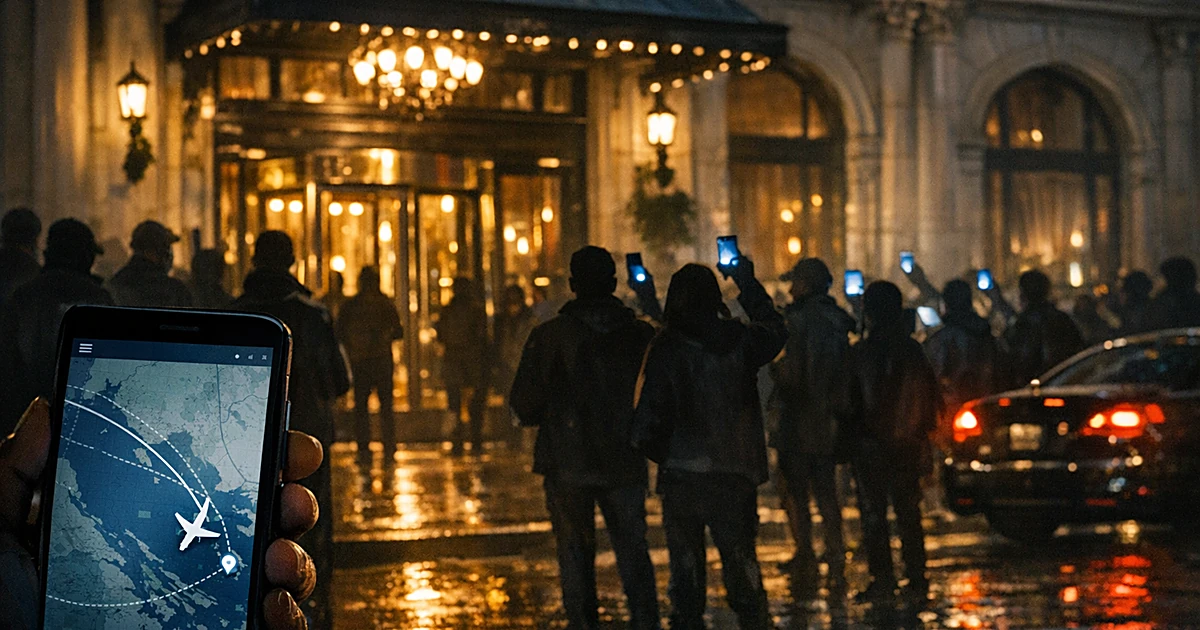 Silhouetted protesters with glowing phones gather outside illuminated hotel entrance at night