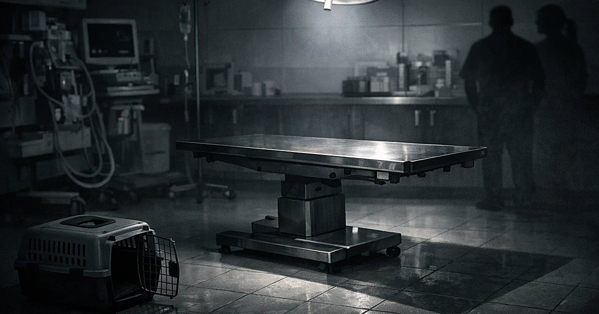 Empty veterinary operating table under surgical light with pet carrier in foreground, depicting aftermath of animal cruelty