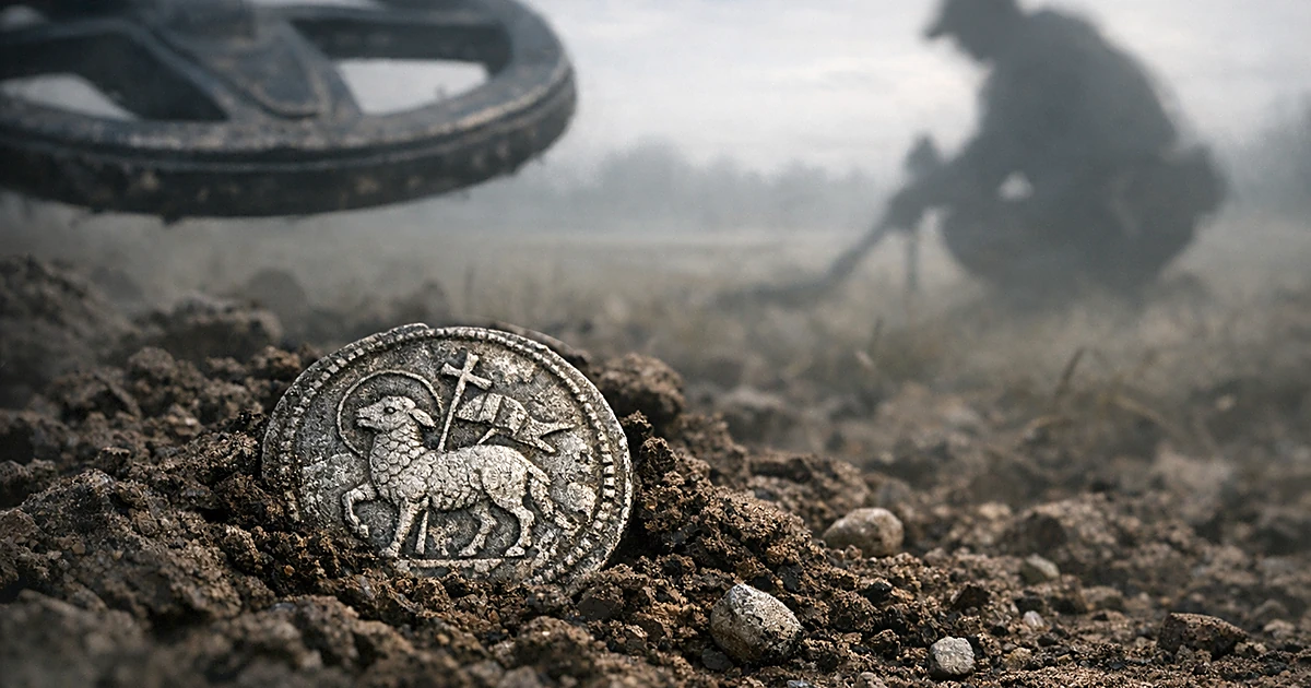 Ancient silver Agnus Dei coin with Lamb of God image partially buried in soil with metal detector coil above