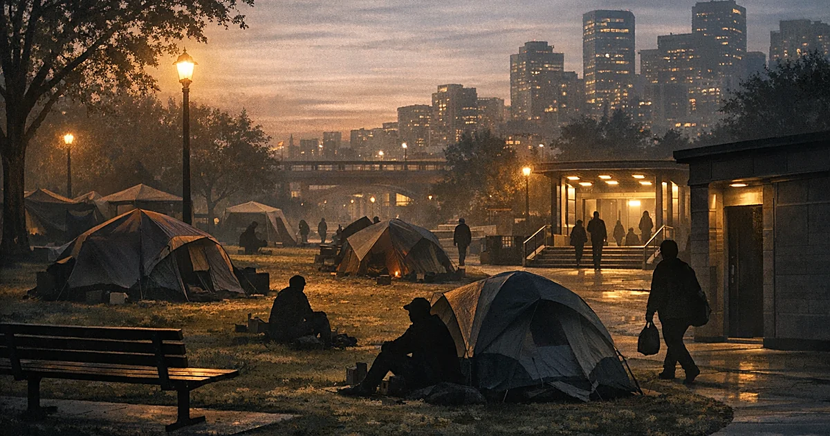 Tents and shelters occupy a public park with silhouetted people, city buildings and transit station in background