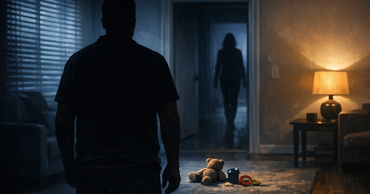 Silhouetted figures in a dim living room with toys on floor, one person walking away through doorway