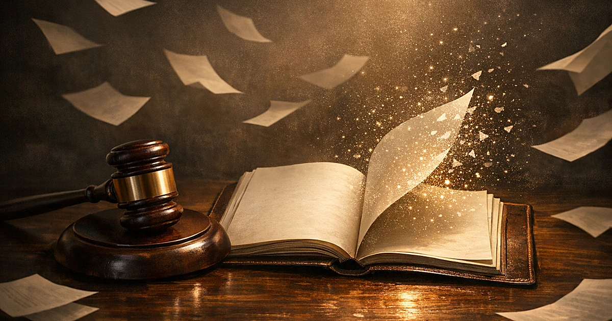 Gavel beside open record book with pages dissolving into light particles, symbolizing expungement of official records