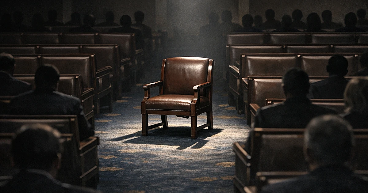Empty chair illuminated in congressional chamber surrounded by silhouettes of occupied seats