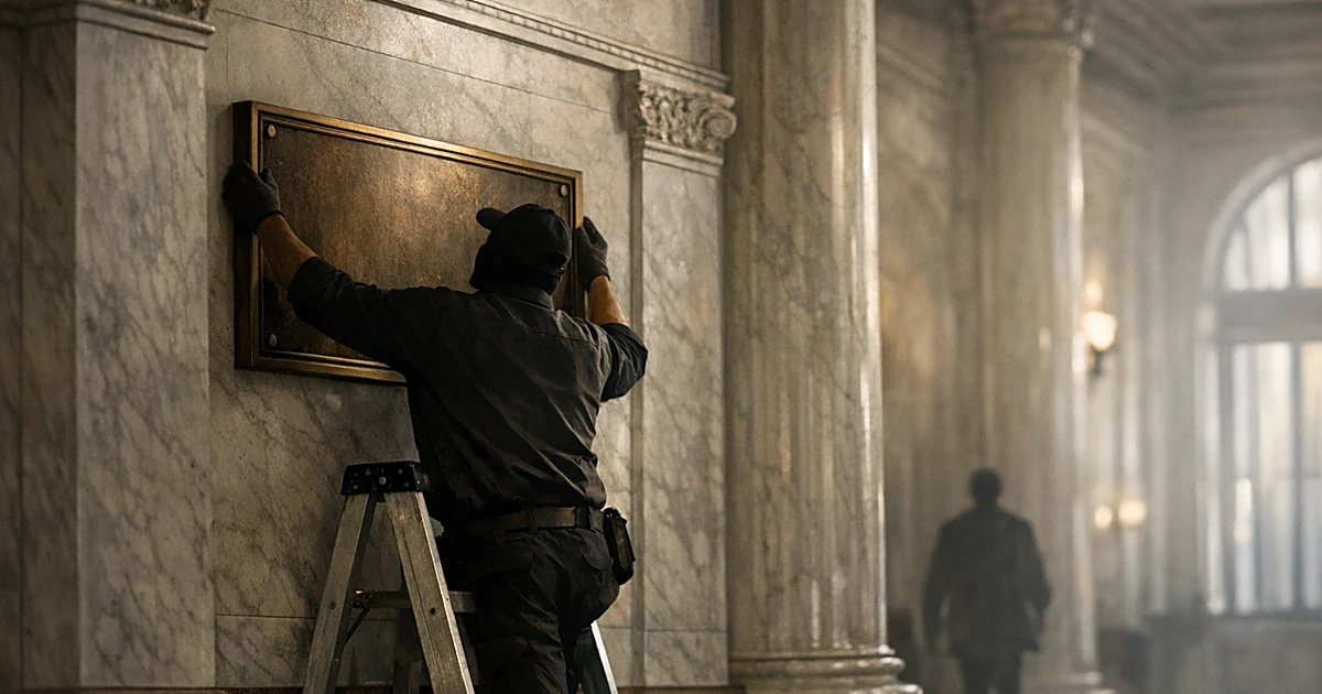 Worker on ladder installing wall plaque inside marble-columned federal building interior
