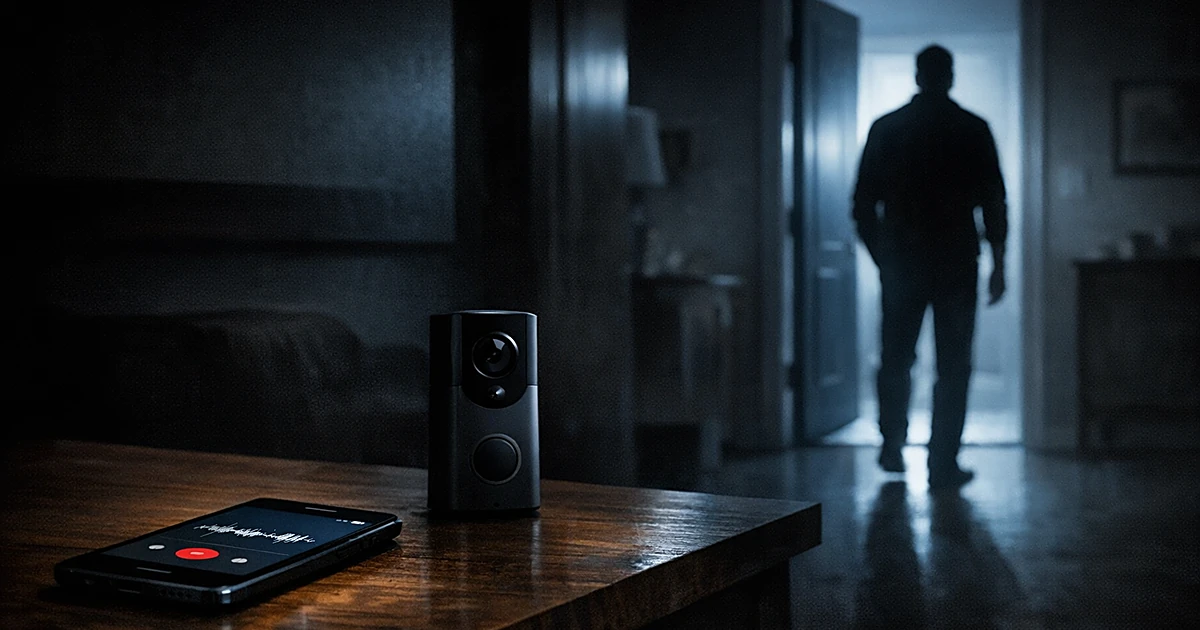 Silhouetted figure in doorway with smartphone recording and doorbell camera on table in shadowy domestic interior
