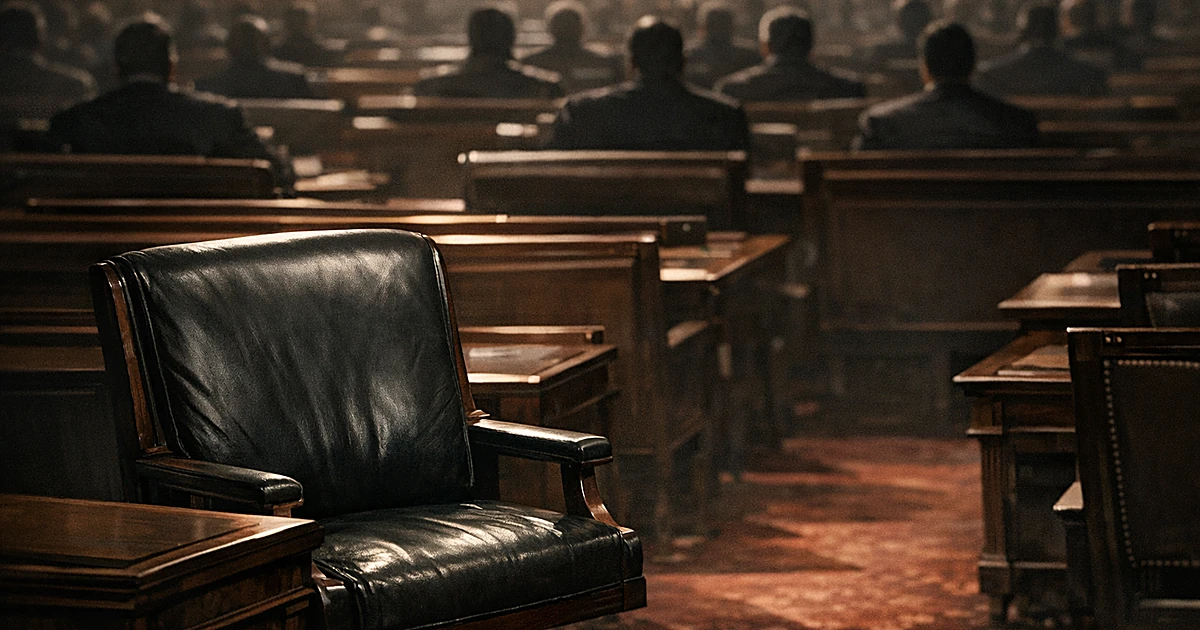 Empty chair in legislative chamber surrounded by silhouettes of seated figures, emphasizing absence