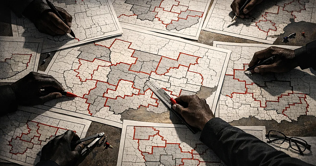 Overhead view of hands redrawing state district maps with bold boundary lines on a table with dramatic lighting