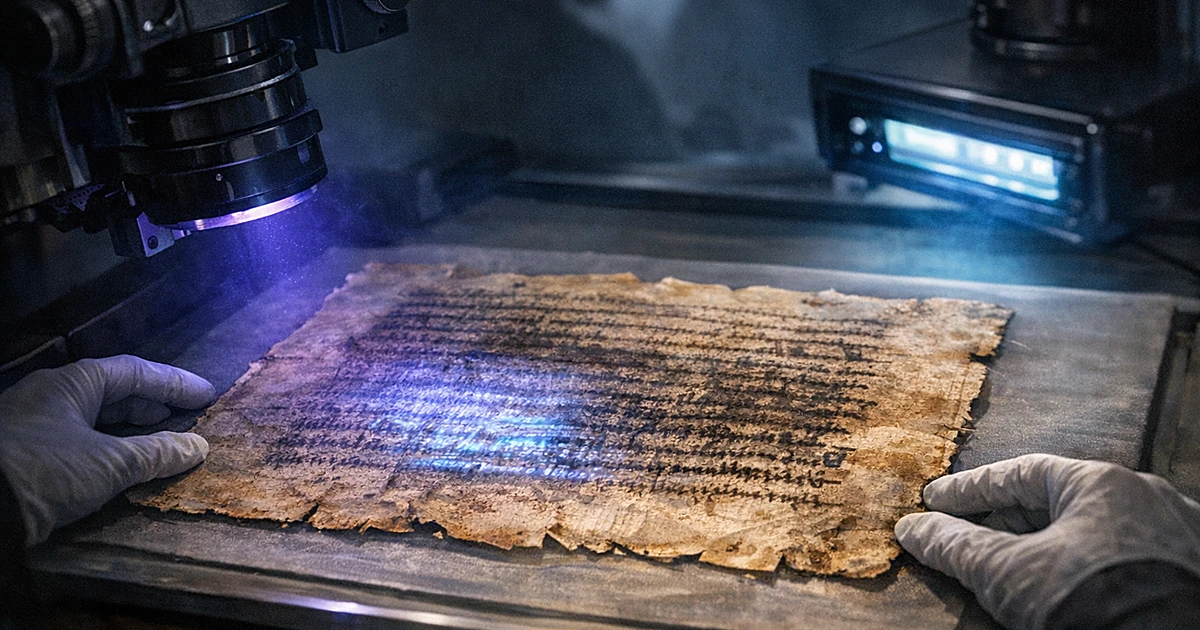 Ancient parchment under UV light revealing hidden text layers beneath visible medieval script on conservation table