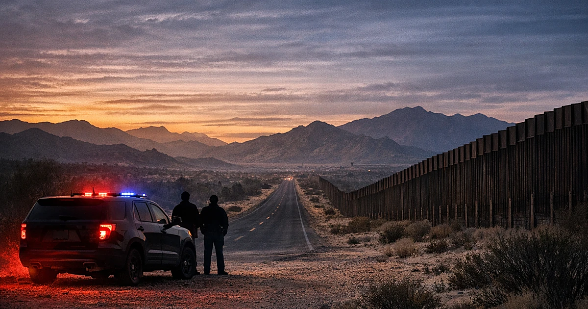Desert highway at dusk with border fence and silhouetted law enforcement vehicle with emergency lights near Arizona-Mexico bo