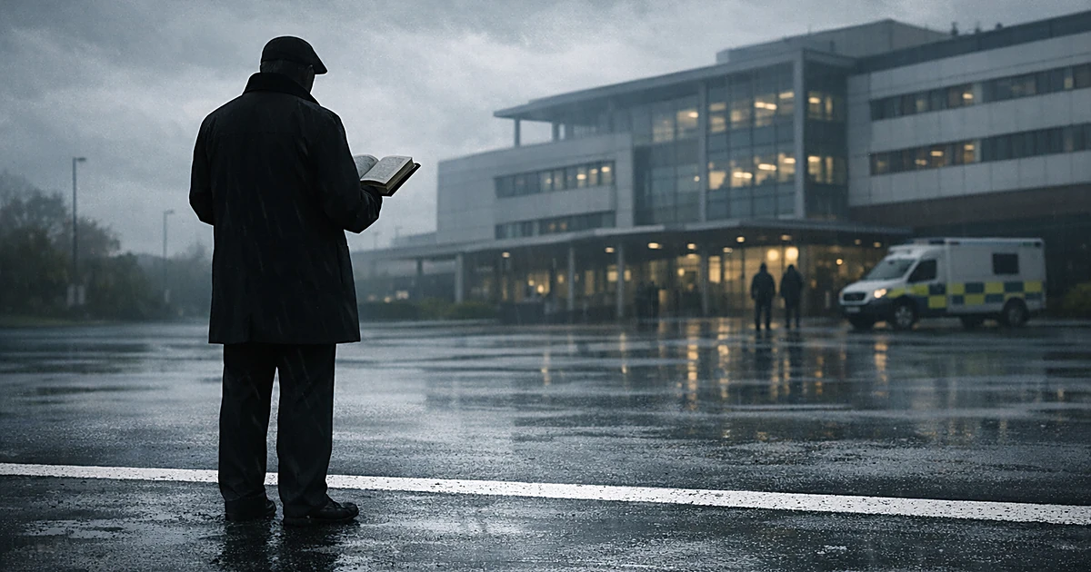 Silhouetted figure with book stands near white boundary line on pavement in front of hospital building