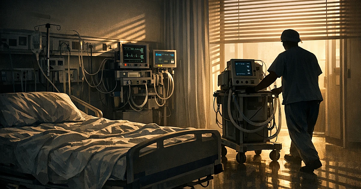 Empty hospital ICU room with ventilator being wheeled away by silhouetted medical worker, morning light through blinds