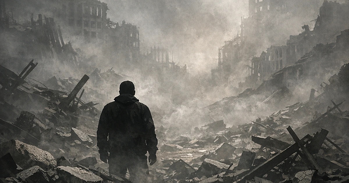 Silhouetted figure surrounded by thick toxic dust clouds and debris with damaged structures in background