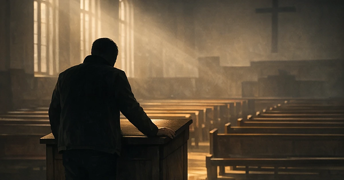 Silhouetted figure from behind at church pulpit in empty sanctuary with light streaming through windows