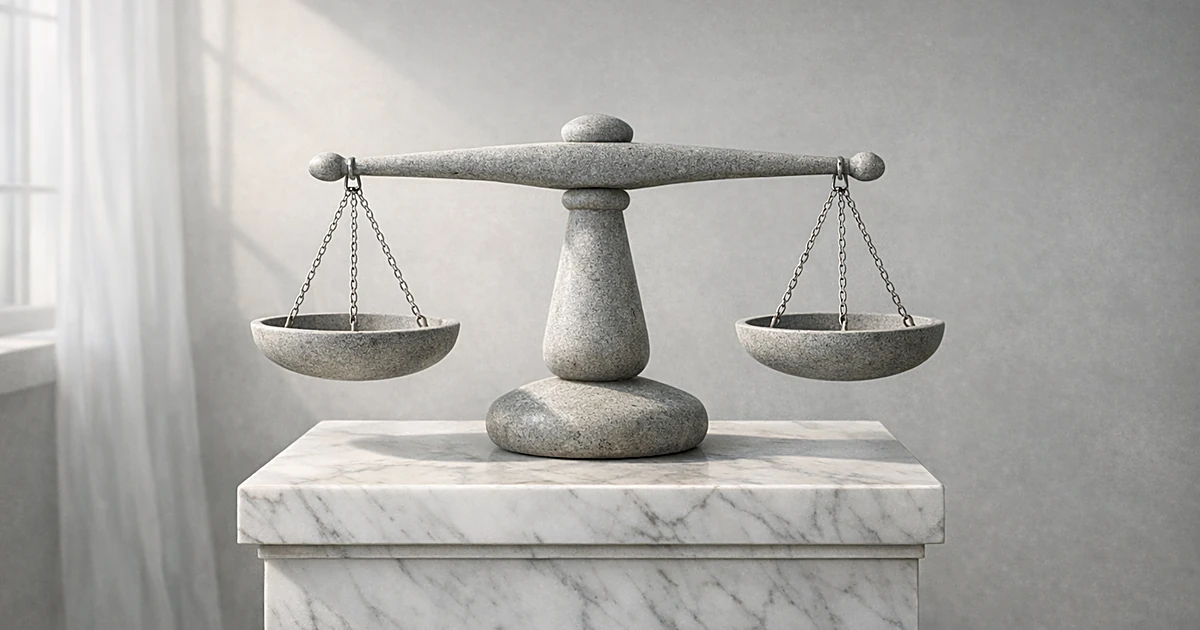 Stone scales of justice on marble pedestal with soft natural lighting