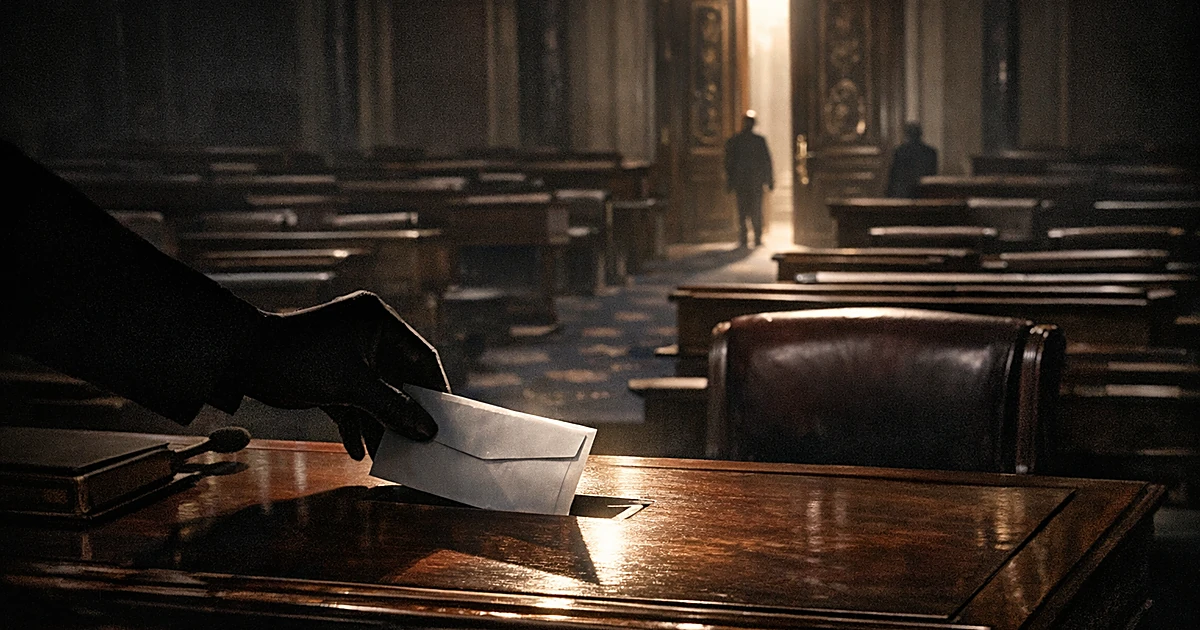 Hand withdrawing payment envelope from Senate desk with door ajar in shadowy chamber
