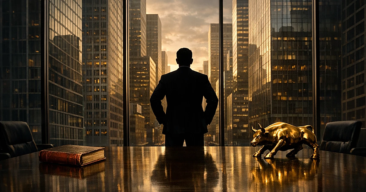 Businessperson viewed from behind in corporate boardroom with book and bull sculpture on table, skyscrapers visible outside