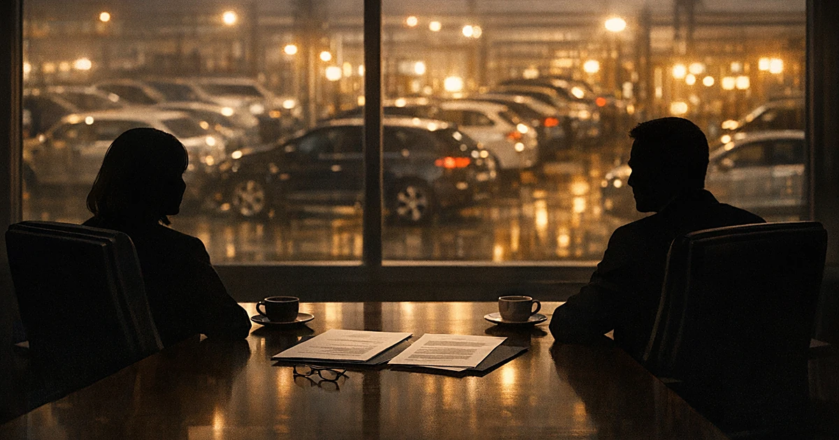 Two silhouetted figures at conference table with automotive factory lights visible through window behind them