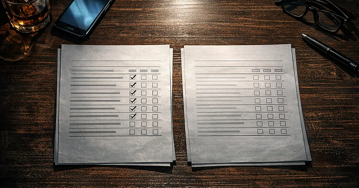 Two alcohol screening questionnaires on a desk, one filled out and one blank, with a glowing smartphone nearby