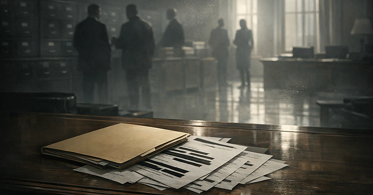 Dark government office with closed folder on desk, redacted documents, and distant silhouetted figures near files